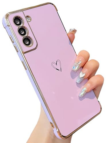 ZTOFERA Compatible with Samsung Galaxy S21 FE 5G (Not Fit S21) Case for Girls Women, Flexible Silicone Protective Phone Case with Cute Love Heart Pattern Plating Edging Shockproof Bumper Cover, Purple