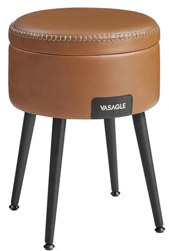 VASAGLE EKHO Collection - Pouf de Rangement, Tabouret de Coiffeuse, PU avec Coutures, Moderne Mi-siècle, Tabouret de Rangement Rond avec Pieds en Acier, Capacité 150 kg, Marron Caramel LOM005K01