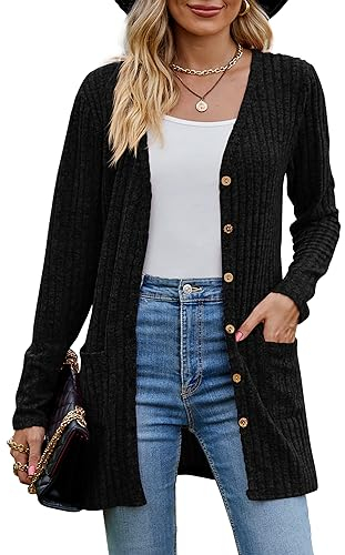 MYCOLORBLUE Alte Zeiten Strickjacken für Damen Elegant Cardigan Gerippt Langarm Knopfleiste mit Taschen Strickcardigan Schwarz L