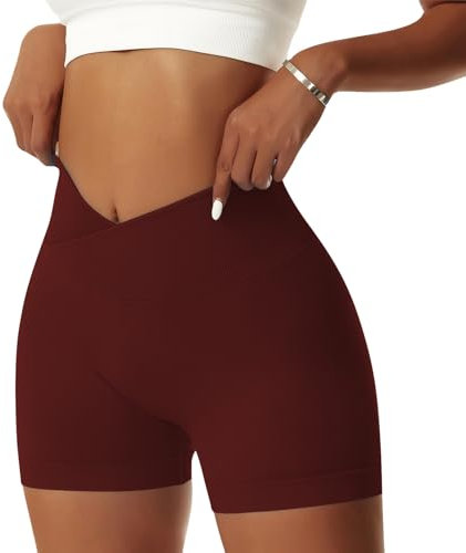 Vertvie Damen Gym Shorts V Cross Stretch Push Up Yoga Shorts Booty Scrunch Fitness Hosen Kurz High Waist Nahtlos Workout Sportshorts Butt Lift Kurze Leggings Sommer (Ziegelrot, S)