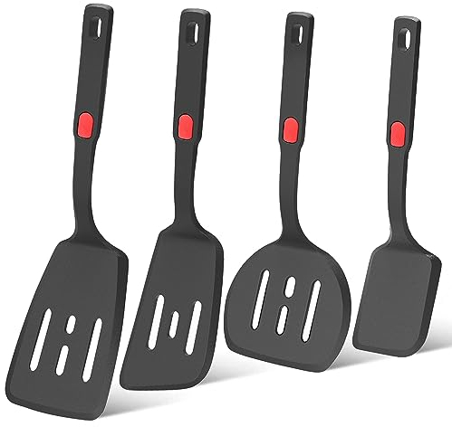 Beijiyi Pfannenwender Silikon, Hitzebeständig Silikon Pfannenwender Küchenhelfer Kochen Spatel Set, Antihaft, BPA Frei Große Küchenutensilien für Eier, Pfannkuchen, Fisch, 4 Stück, Schwarz