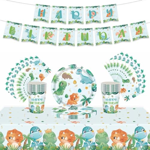 54Pcs Green Dinosaur Animal Party Tableware - Decorations for Boy Birthday, Table Cloth, Plates, Banner, Napkins for Kids Dino Theme Party Favor