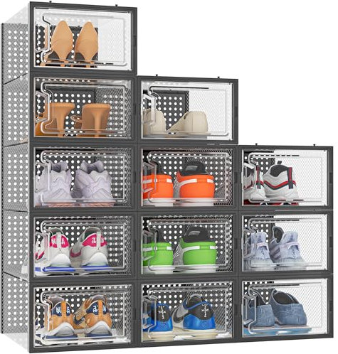 HOMIDEC Schuhboxen, 12er Pack Schuhboxen Stapelbar Transparent, Schuhorganizer Schuhaufbewahrung, Schuhkarton mit Deckel für Schuhe bis Größe 45, Schwarz