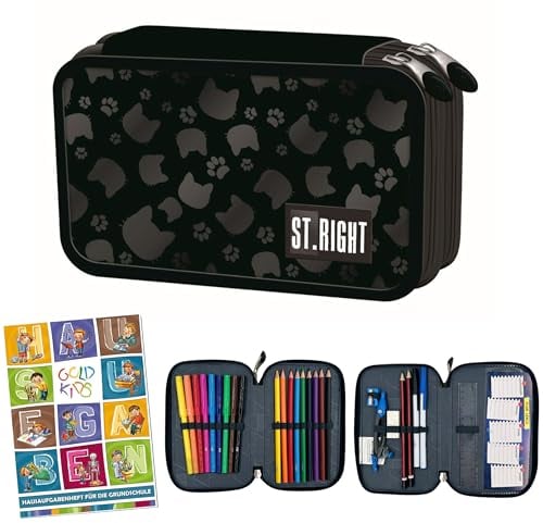 Goldkids - Federmäppchen 2 Fächer - Mäppchen für Mädchen und Jungen - Federmappe 2-Fach Federtasche Gefüllte Schüleretui 26-teilig - Schulmäppchen und Hausaufgabenheft - Schwarze Katze Motiv