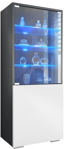Vitrine Granada, Made in Germany, Vitrinenschrank mit Glastür und Glaseinsatz inkl. LED, Anthrazit matt/Weiß matt (50 x 122,5 x 34,5 cm)