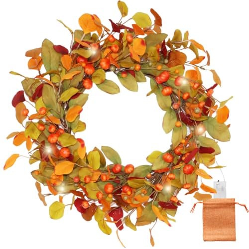 BINFEN 50,8 cm beleuchteter Eukalyptus und Magnolie Herbstkranz mit 30 LEDs | Mehrlagiges orangefarbenes, gelbes und rotes Laub mit Mini-Kürbissen und Beeren-Kränzen für Haustür, Veranda und