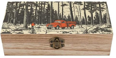 NQLYRE Aufbewahrungsbox aus Holz mit Scharnierdeckel und Frontverschluss, Bäume und roter LKW, bedruckt, Erinnerungsbox, Raumdekorationsbox