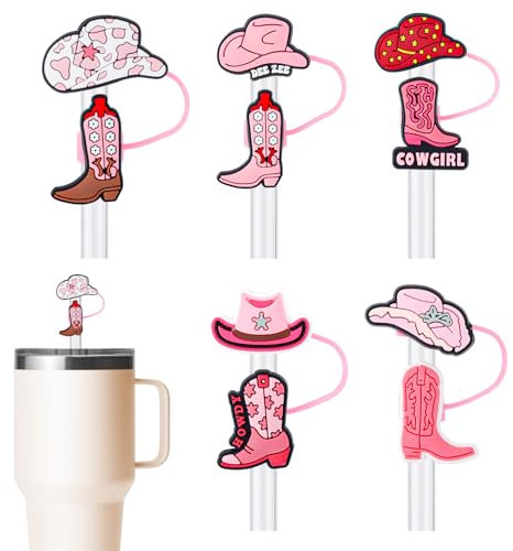5pcs Pink Cowgirl Straw Toppers for Stanley Cup 30 oz 40 oz, Cowgirl Boots and Hats Straw Toppers Reusable Straw Cover Caps Accessories Cute Gifts for Girls & Women