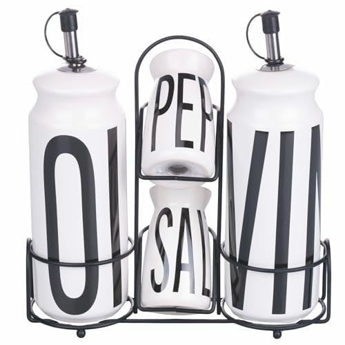 Villa d'Este Home Tivoli Öl-, Essig-, Salz- und Pfefferstreuer aus Steinzeug, Edelstahlständer, weiß, Bigismore