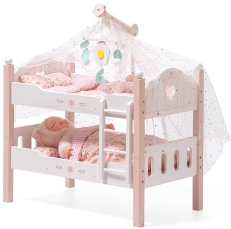 ROBOTIME Letto a castello in legno, letto per bambole, letto trasformabile con scaletta e biancheria da letto, per letti per bambole impilabili da 18 pollici, accessori perfetti per bambole, regalo