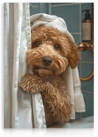 Dazzlewall Lustige Tier Badezimmer Leinwand Bild Niedlicher Hund Duschvorhang Poster Kunstwerk für Toilette Badezimmer 30×40 cm Ungerahmt