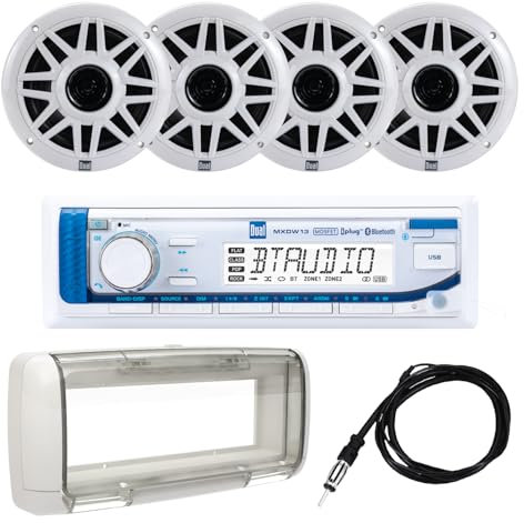 Dual MXP154SG Marine AM/FM Digitaler Media-Receiver mit integriertem Bluetooth | (4) 6,5-Zoll-Marine-Lautsprecher | Spritzschutz | Antenne | USB-Wiedergabe mit 2,1 A Schnellladung | Weiß