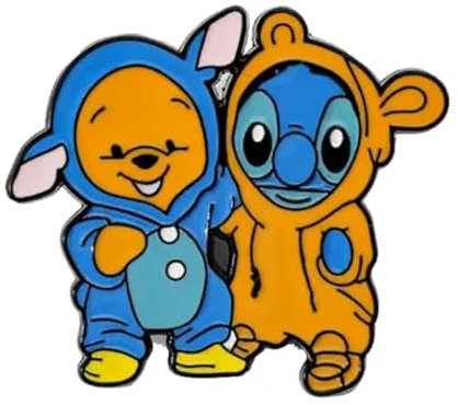 Pin's Wiinie L'Ourson et/ou Stitch, Epinglette Dessin Animé Classique, Pins Accessoire 2 modeles au choix, Winnie avec Fleurs, Ou duo Winnie Stich, Jaune Bleu (Winnie Stitch)