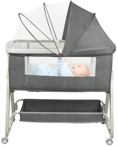 Kedia Babybetten mit Moskitonetz, Beistellbett mit Rollen, Reisebett Baby, Baby-Spielbett Höhenverstellbar, Tragbares Kinderreisebett (Grau - A)
