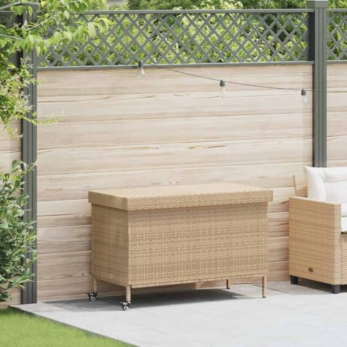 Frdhee Gartentruhe Auflagenboxen, Gartentruhe mit Rollen Beige 110x55x73 cm Poly Rattan für Balkon Terrasse Wohnzimmer Wintergarten