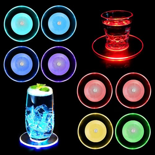 8 Stück LED Untersetzer, Acryl Rund Wasserdichtes Leuchtuntersetzer | Bunt LED Untersetzer mit 7 Lichtmodi, Getränke Untersetzer ON/Off Taste Getränke, für Partys, Hochzeiten, Bar, Weihnachten