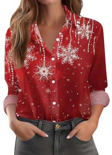 Chemisier de Noel Femme Drôle Imprimé Flocon de Neige Arbre de Noel Chemise Chic et Élégant Manches Longues Blouse Top Boutons Col en V Casual Vêtements Fête Festival Cadeaux de Noël Grandes Tailles