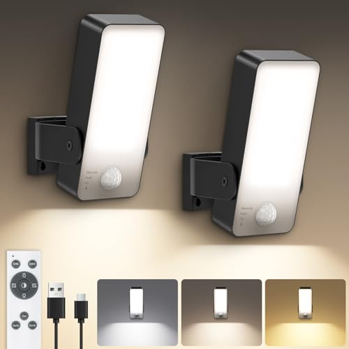 Aussenlampe mit Bewegungsmelder, 10000mAh Akku Lamp mit Bewegungsmelder Aussen IP65 Wasserdichte 3 Modi 3000K-6000K Dimmbar Wandleuchte Ohne Stromanschluss für Veranda,Garage, Garten - Schwarz 2 Stück