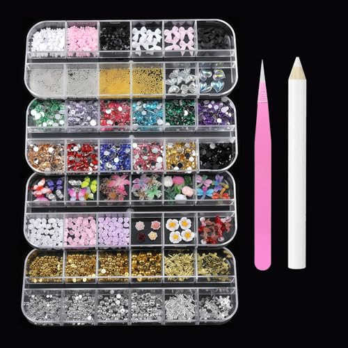 Tastetreasure 3000+ Pcs Nail Art Rhinestones & Charms Kit, 4 Boxes 48 Grids 3D Flowers Fruit Animals & Colorful Gems Set with Tweezers & Wax Pen, AB Crystals Heart Star Beads for DIY Crafting Nails