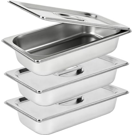 Vexnaro 3 Plat Four Rectangulaire, 32.5 x 17.5 x 6.5cm, Bac Inox, Robuste, avec Couvercle, Facile à Nettoyer, pour Plats, Nourriture, Schnitzel, Poisson, Adapté aux Fours et Réfrigérateurs de Cuisine