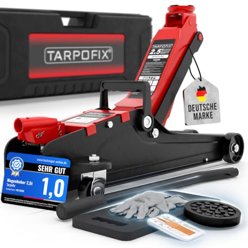 Tarpofix® Hydraulischer Wagenheber 2,5t flach mit Koffer, 85–380 mm Hubhöhe | Premium-Komplettset: Rangierwagenheber mit Hydraulikhub | für SUV & tiefergelegte Autos | mit Koffer & Bodenmatte | Rot