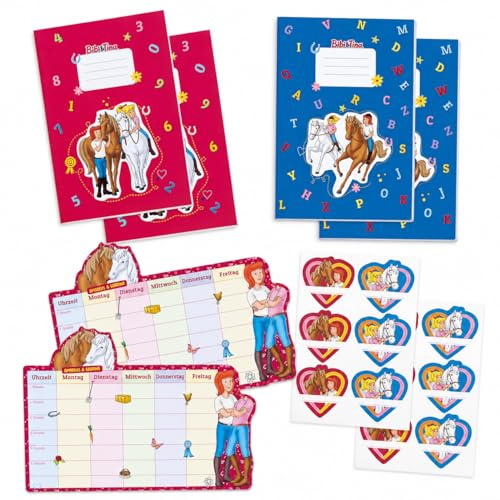 Bibi und Tina Schulset Einschulung Mädchen – 8-teilig mit 4x A5 Schulheften, 2x Stundenplänen, 2x Stickerbögen – Schulanfang Geschenk Set für Grundschule – Made in Germany