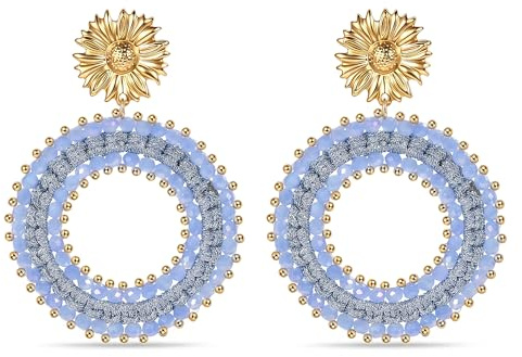 Boho Ohrhänger hängend für Damen, tropfenförmige Ohrringe mit Perlen und Kristallen, sommerliche Boho-Ohrringe, Statement-Ohrringe mit Blumen für Damen