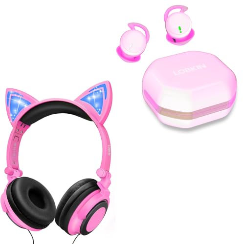 Lobkin - Cuffie sovraurali cablate per bambini, pieghevoli, con orecchie da gatto ed effetti luminosi, per tablet Kindle Fire, Samsung e iPad rosa