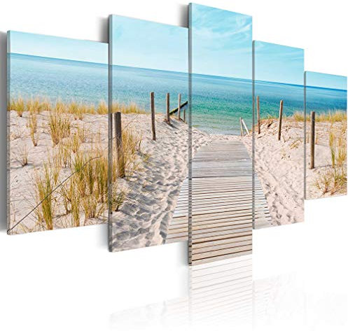 decomonkey Bilder Strand Meer 200x100 cm XXL 5 Teilig Leinwandbilder Bild auf Leinwand Wandbild Kunstdruck Wanddeko Wand Wohnzimmer Wanddekoration Deko Landschaft Natur