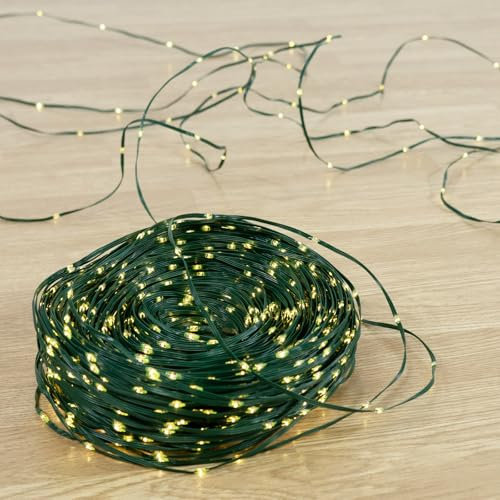 BOP Catena Luminosa 70 mt, 1000 MicroLed a Goccia Bianco Caldo 2700K | Luci Per Albero di Natale e Decorazioni Natalizie, Adatte per Interno ed Esterno, 8 Giochi di Luce, Cavo Verde in soft PVC