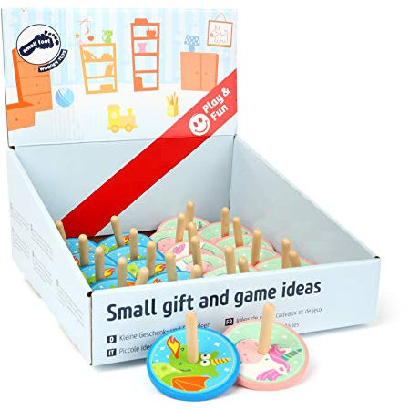small foot 11035 Display Einhorn Luna und Drache Merlin 24 Stück, FSC 100%-Zertifiziert, Kreisel für Kinder aus Holz Spielzeug, Mehrfarbig