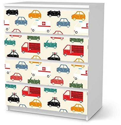 Möbelfolie selbstklebend für Kinder - passend für IKEA Malm Kommode 4 Schubladen I Tolle Möbelaufkleber für Kinder-Zimmer Deko I Design: Cars