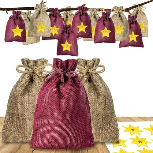 Adventino Adventskalender zum Befüllen – „Sterne zum Advent“ mit 24 Jutebeuteln und Zahlen-Aufklebern in Sternform für Männer, Frauen, Kinder und Paare