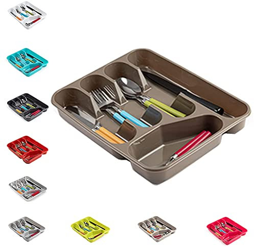 plastific Large CUTLERY TRAY Flatware Organiser Strong Plastic Drawer Sliding Tidy Rack Holder Drawer Insert Tidy Storage, 33.5 x 26.5 x 4.5 cm - Solid Base, Brown