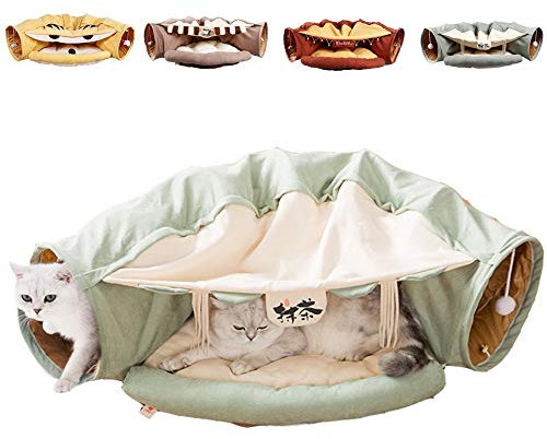 Katze Tunnel Spielzeug Und Bett 2 in 1, Zusammenklappbar Abnehmbarer Warm Plüsch Bett Mit Kratzern Ball, 2-Wege-Rohrspielzeug-Spielzentrum Für Katzen Im Innenbereich Kaninchen-Welpen-Kätzchen,Grün