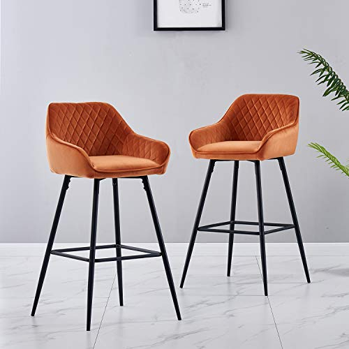JYMTOM Barhocker 2er Set Barstuhl Küchenstühle mit Rückenlehne, Fußstütze, Armlehnen Metall Tresenhocker (Samt orange (2pc))