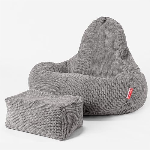 Lounge Pug - Gaming Sitzsack Sessel mit Hocker - Pom-Pom Anthrazit - Ultra LUX - Sitzsack Sessel