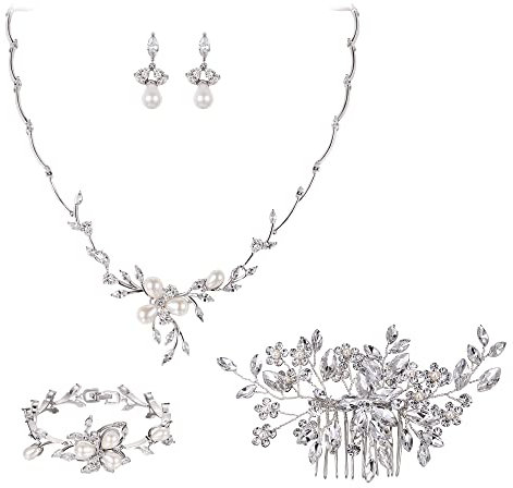 EVER FAITH Zirkon Simulierte Perle Blume Blatt Filigrane Halskette Ohrringe Armband Set Klar (Set mit Haarschmuck)