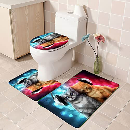 BZSBH Badematte Set 3 Teiliges Memory Foam Badezimmerteppich Graue Cartoon-Katze, Badgarnitur Badezimmer Badvorleger Sets, Waschbar Weiches rutschfest Badematte U-Förmige Teppich WC-Vorleger