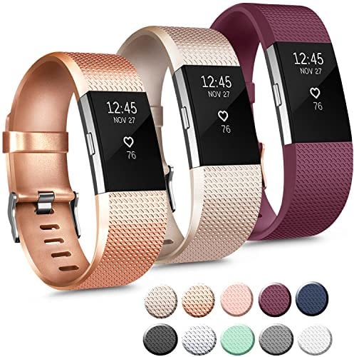 3 Pack Sport Bands Compatible with Fitbit Charge 2 Bands Women Men, Adjustable Replacement Strap Wristbands for Fitbit Charge 2 HR Small Large (Large, Rose Gold/Champagne Gold/Wine Red)