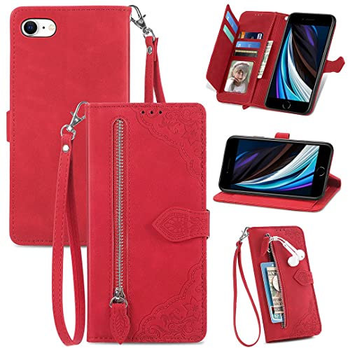 SATURCASE Case for Apple iPhone 7 8 SE 2020, Flower Embossing PU Leather Flip Magnet Wallet Zipper Pocket Stand Card Slots Lanyard Protective Cover for Apple iPhone 7 8 SE 2020 (Red)