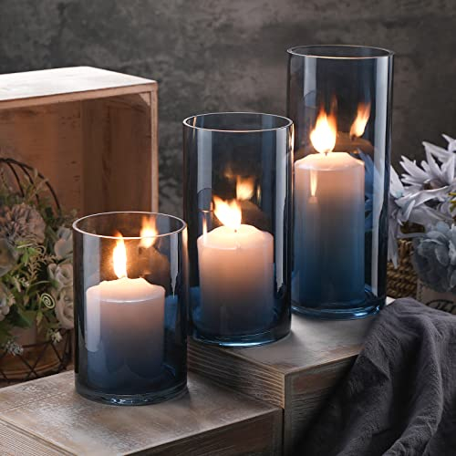 Juego de 3 jarrones cilíndricos de Cristal Transparente Azul de 6, 8, 10 Pulgadas de Altura para centros de Mesa, decoración de Mesa del hogar