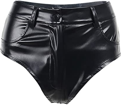 Leder Shorts für Damen Kurz Lederoptik Glanz PU Hose Push Up Kunstleder Hotpants Sexy Hohe Taille Mini Shorts Elastisch Kurze Hose Fasching Rave Tanz Nachtclub Karneval Gogo Clubwear Schwarz D XL