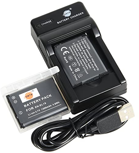 DSTE EN-EL19 Batterie Li-ION (2 pièces) et Chargeur Micro USB Compatible avec Nikon EN-EL19a, Sony NP-BJ1, Nikon DSC-RX0, Coolpix S32, S100, S4100, S4200, S4300, S5200, S5300, S6500, S7000