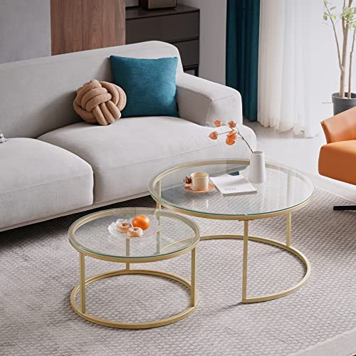 EGOONM Lot de 2 Tables Basses gigognes, Tables Basses Rondes Modernes pour Le Salon, Le Balcon et Le Bureau, Tables d'appoint en Verre Trempé (80 * 80 * 45/60 * 60 * 35)