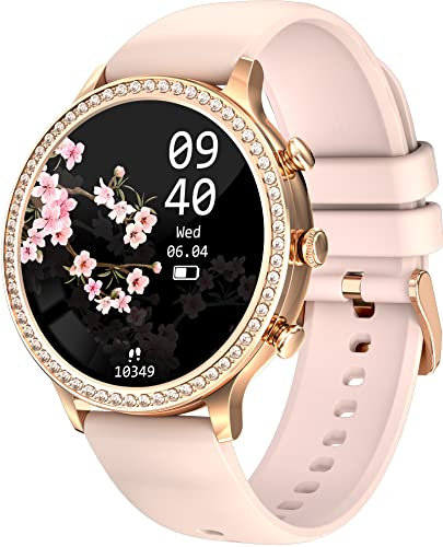 Pink Smart Watches for Women with Diamonds, Answer/Make Calls, Women's Bluetooth Smart Watch for Android and iOS Phones, Rhinestone Fitness Activity Tracker, Sleep Tracker, Pedometer, Pink