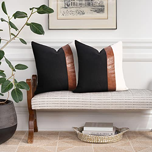 Merrycolor 2er Set Kissenbezug 45 x 45 cm, Spleißen Leinen Wurf Sofa überzug, Kissenhülle Invisede Reißverschluss für Sofa Gartenbett Couch Stuhl Schlafzimmer(Schwarz Weiß,45 x 45cm)