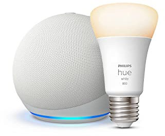 Echo Dot (5th generation) | Glacier White + Philips Hue White Smart Light Bulb LED (E27), Works with Alexa - Smart Home Starter Kit