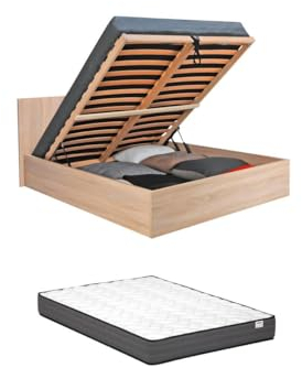Vente-unique-Bett mit Bettkasten - 140 x 190 cm - Holzfarben + Matratze - ELPHEGE