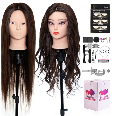 Tête d'entraînement avec 60% de vrais Cheveux Humains,28 Pouces Maquillage Cosmétologie Mannequin Tête avec Cheveux,Tressage Coiffeur Poupée Tête pour Coiffure avec Pince de Table+Kit de Tresses DIY